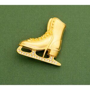 Vintage Minimalist Gold Tone Rhinestone Ice Skate Brooch K1